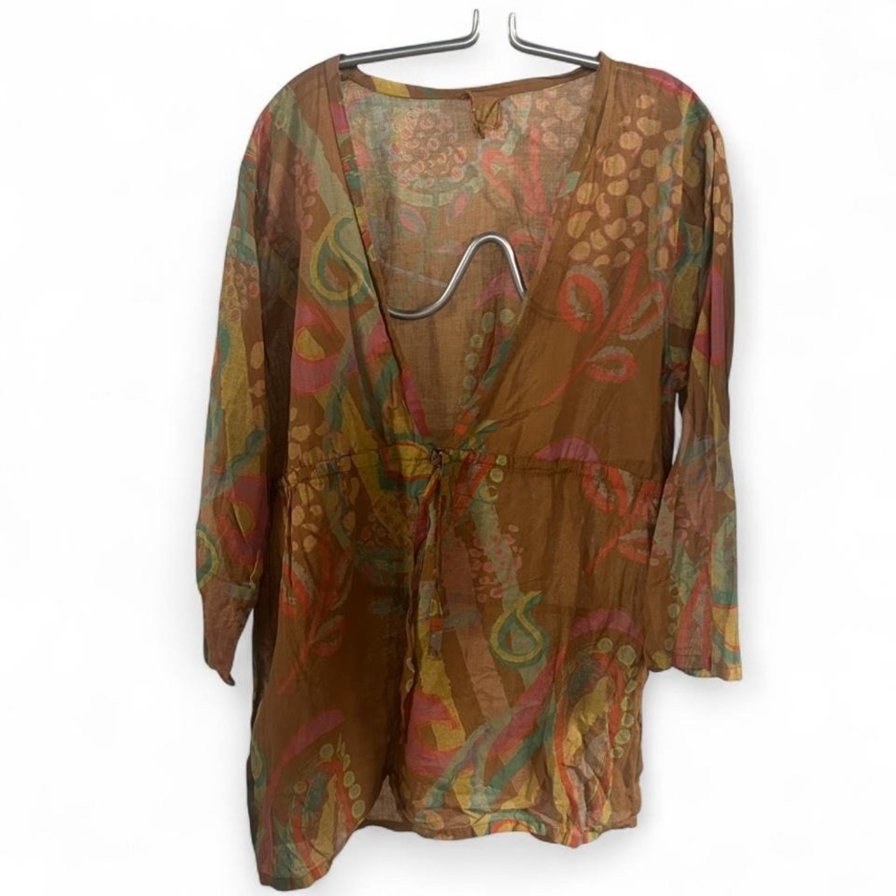 Brown and orange paisley print sheer blouse with tie waist 23" flat ptp